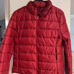 Red puffer jacket